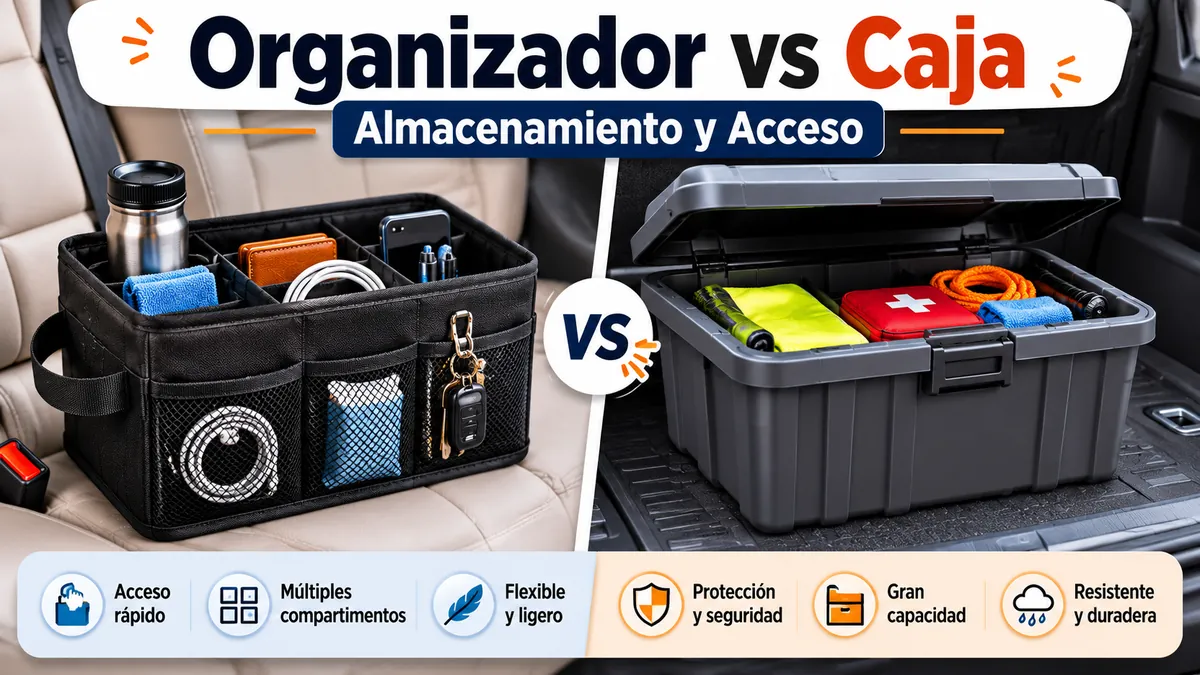 Organizador de coche y caja de almacenamiento comparados lado a lado para el almacenamiento y el acceso dentro del vehículo