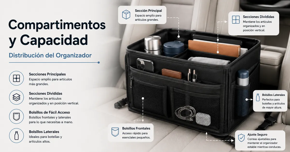 Organizador de coche con varios compartimentos que muestra bolsillos, zonas de almacenamiento y distribución de capacidad