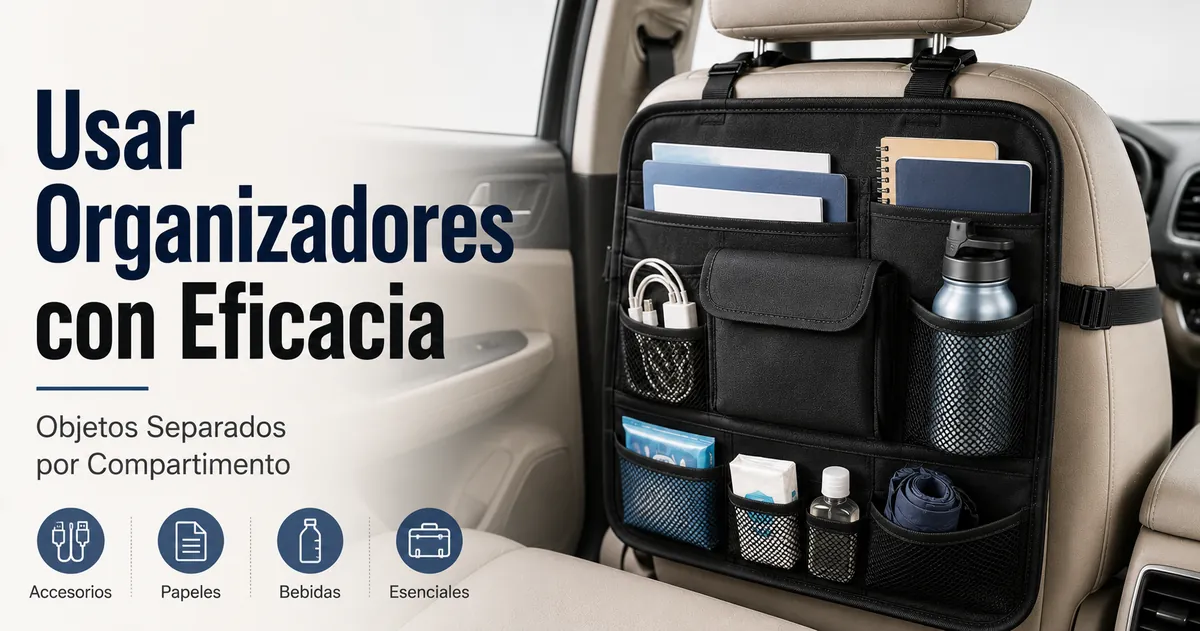 Organizador de coche en uso con objetos cotidianos separados en distintos compartimentos