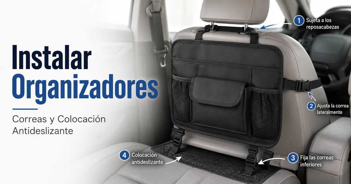 Organizador de coche fijado con correas y colocación antideslizante dentro de un vehículo