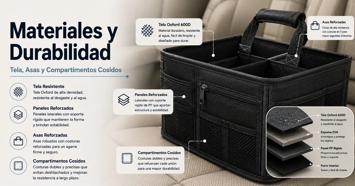 Materiales resistentes de un organizador de coche con textura de tela, paneles reforzados, asas y compartimentos cosidos