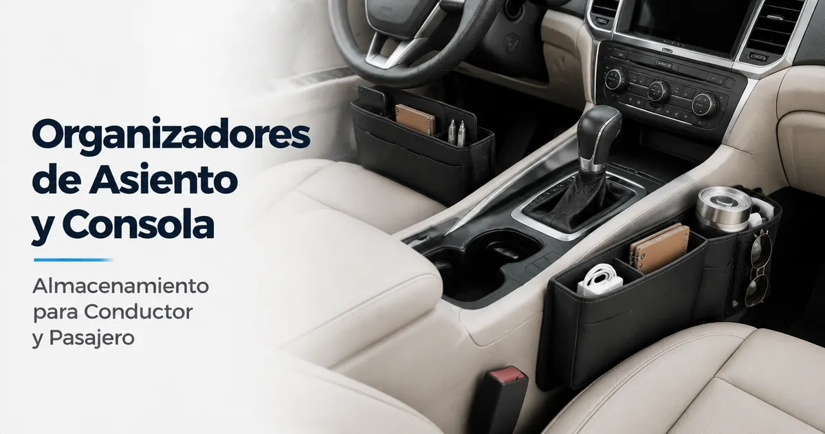 Organizadores de asiento delantero y consola colocados cerca de las zonas de almacenamiento del conductor y el pasajero