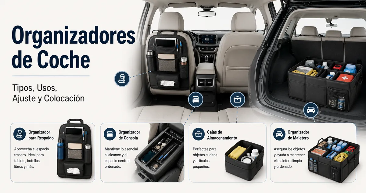 Diferentes tipos de organizadores de coche dispuestos para mostrar usos de almacenamiento, ajuste y opciones de colocación en el vehículo