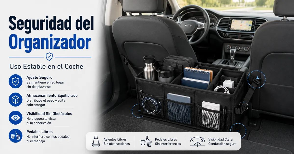 Organizador de coche colocado de forma segura, con almacenamiento estable dentro de un vehículo