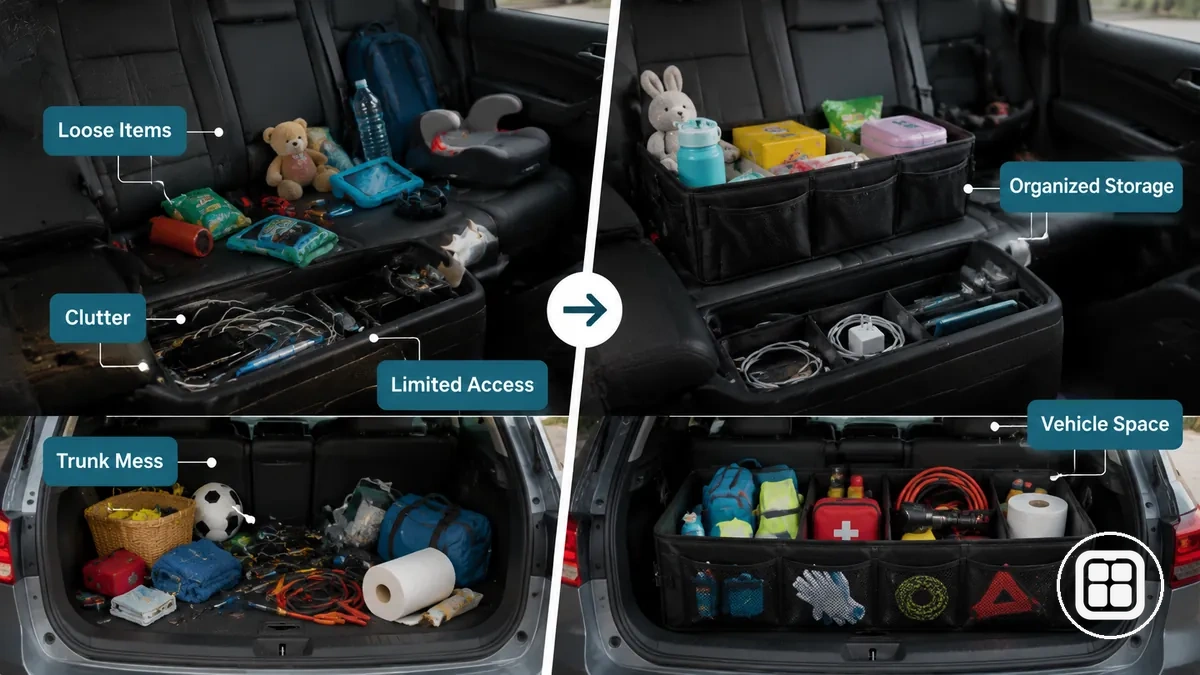organiseur de voiture résolvant le désordre d'objets en vrac dans un véhicule