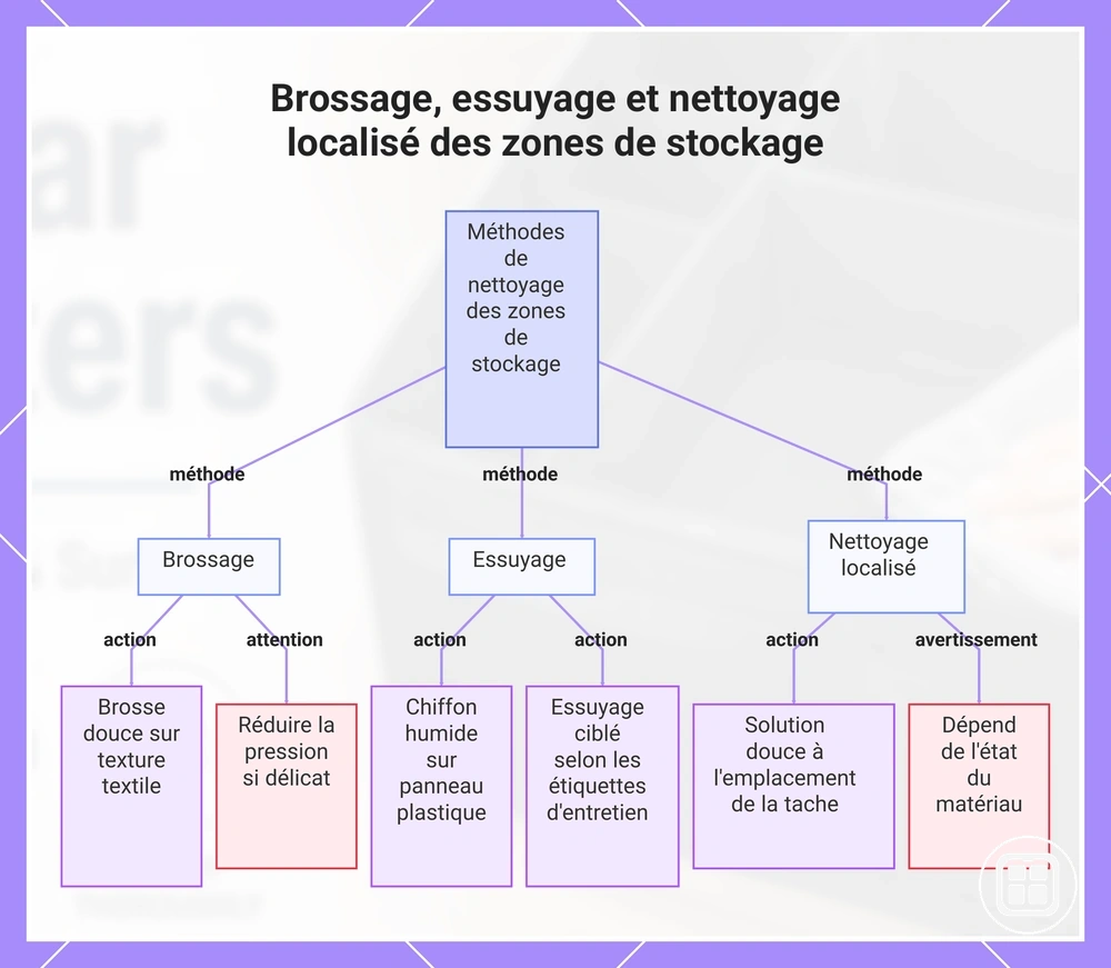 Brossage, essuyage et nettoyage localisé des zones de stockage
