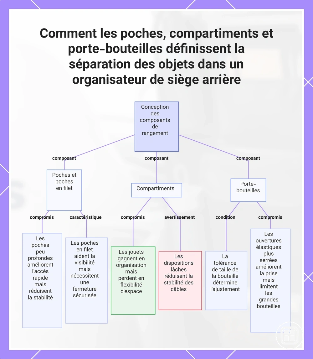 Comment les poches, compartiments et porte-bouteilles définissent la séparation des objets dans un organisateur de siège arrière