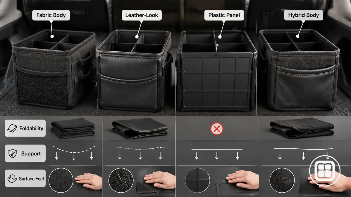 Comparaison des matériaux de corps en tissu, aspect cuir, plastique et hybrides pour organiseur de voiture