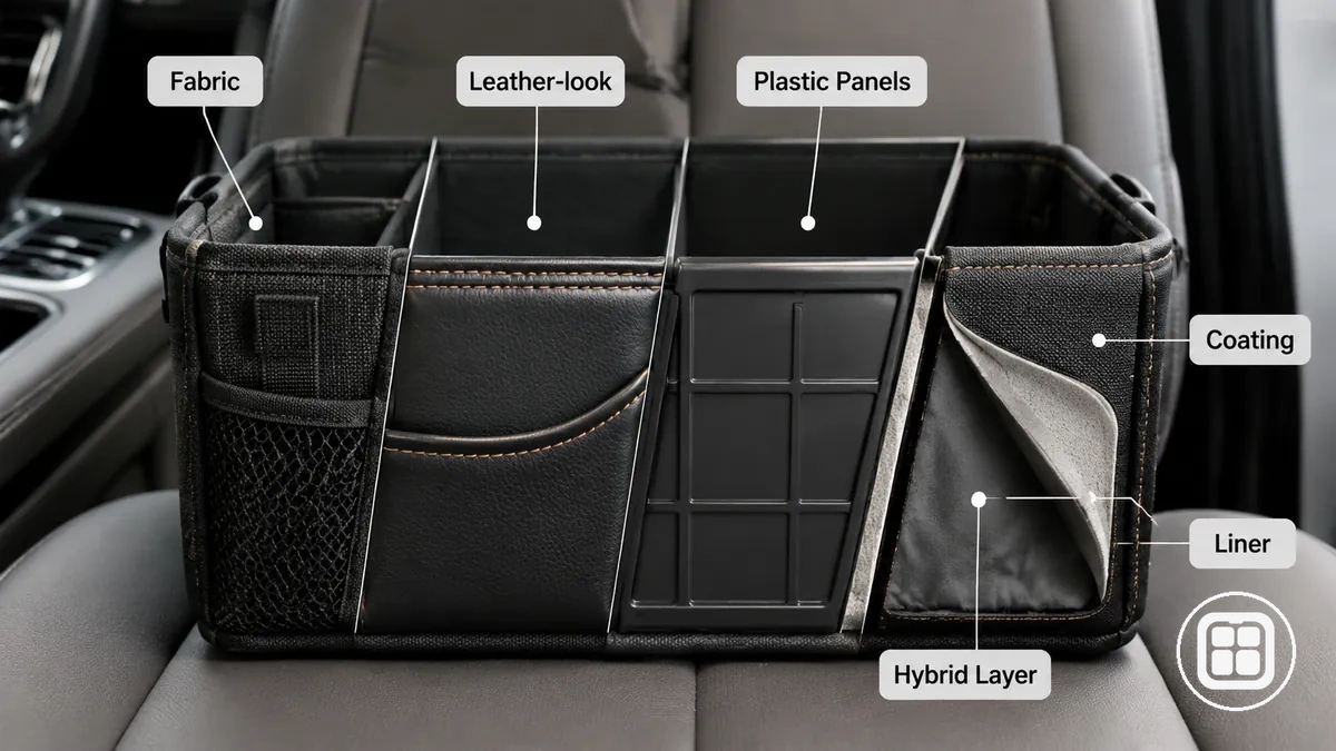 Détails des matériaux d'un organiseur de voiture montrant la texture du tissu, la surface revêtue, la doublure et le panneau renforcé