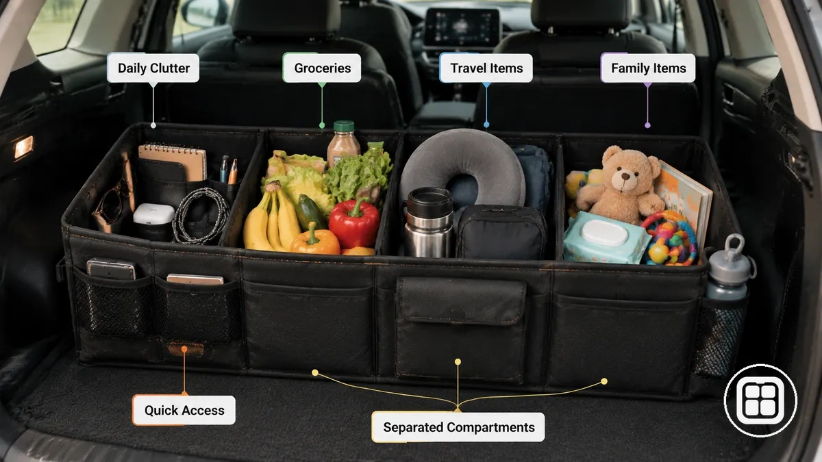 Groupes d'objets récurrents associés à la capacité et à l'agencement des compartiments d'un organiseur de voiture