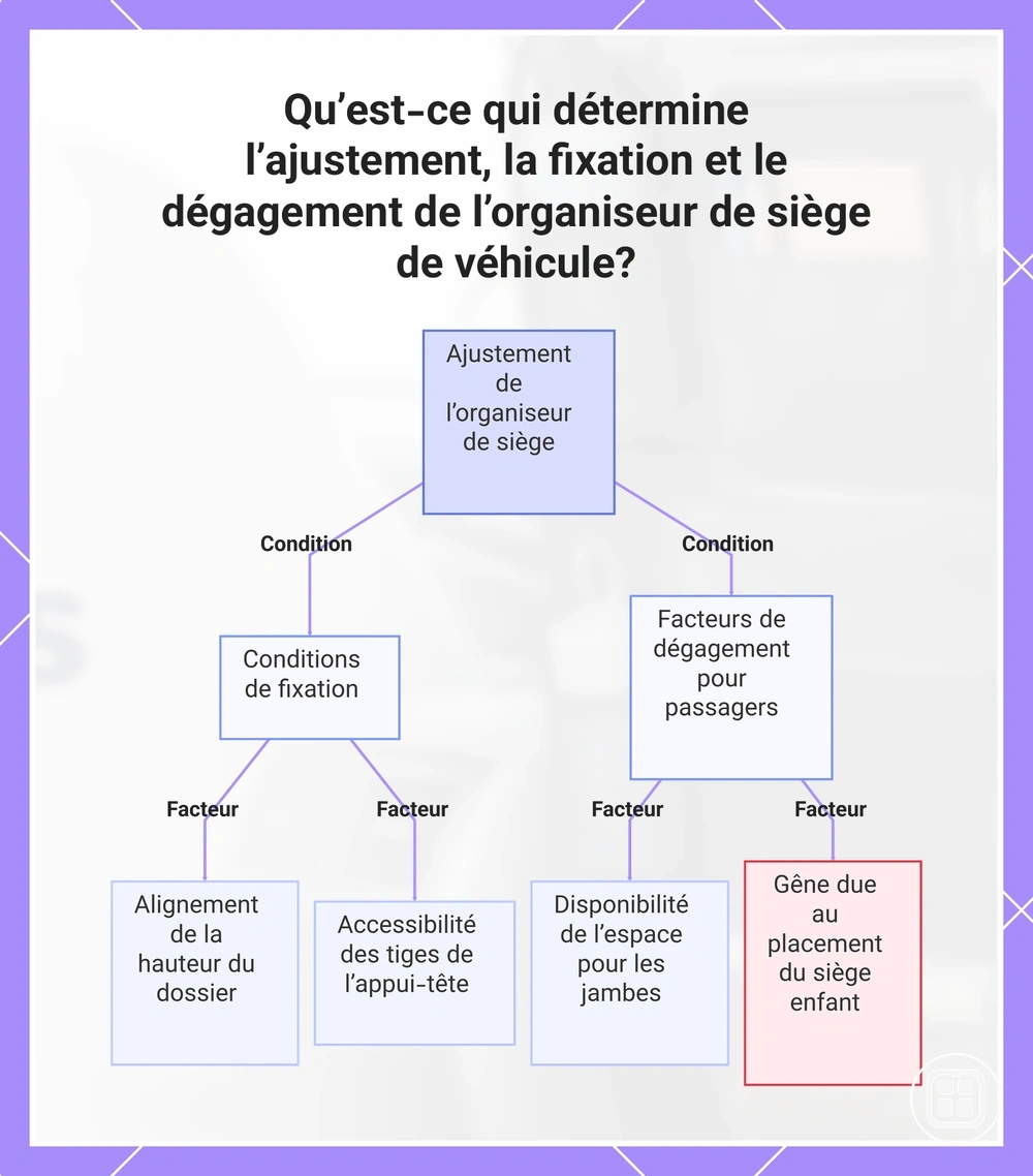 Qu’est-ce qui détermine l’ajustement, la fixation et le dégagement de l’organiseur de siège de véhicule?