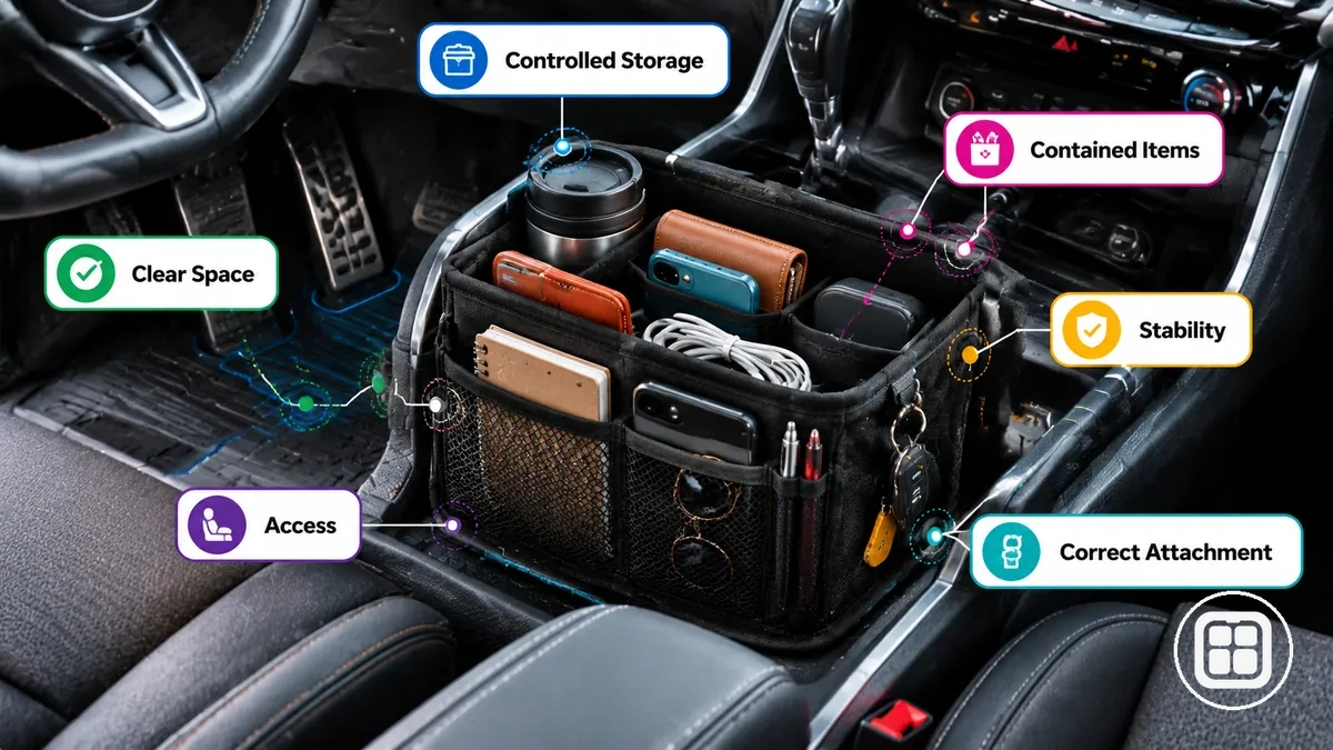 Utilisation sécurisée d’un organiseur de voiture montrant des objets contenus, un placement stable et un espace conducteur dégagé