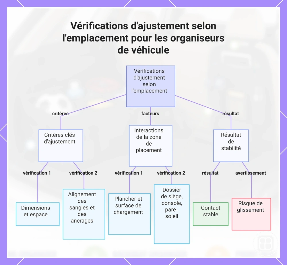 Vérifications d'ajustement selon l'emplacement pour les organiseurs de véhicule