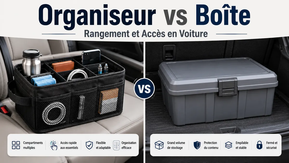 Organiseur de voiture et boîte de rangement comparés côte à côte pour le rangement et l’accès dans le véhicule