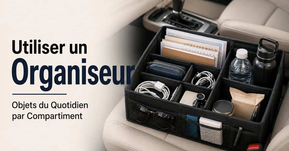 Organiseur de voiture en cours d’utilisation avec des objets du quotidien triés dans des compartiments séparés