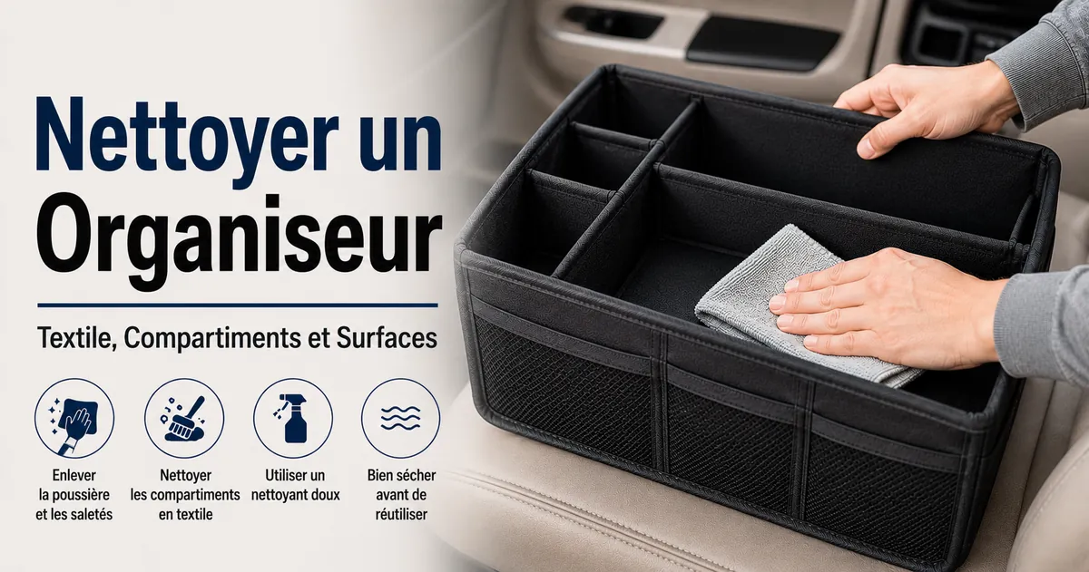 Organiseur de voiture en cours de nettoyage pour préserver la matière textile, les compartiments et les surfaces de rangement