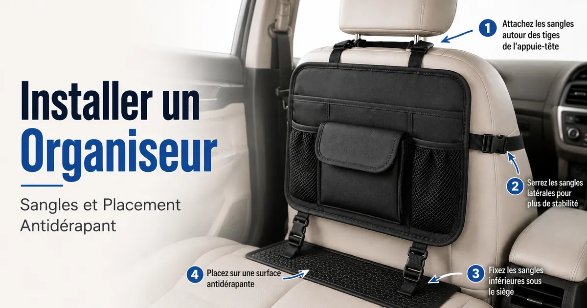 Organiseur de voiture fixé avec des sangles et un placement antidérapant à l’intérieur d’un véhicule