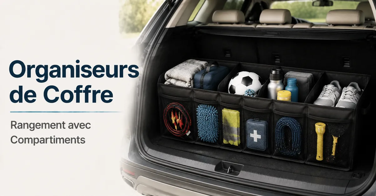 Organiseur de coffre placé dans l’espace de chargement d’un véhicule avec des compartiments de rangement