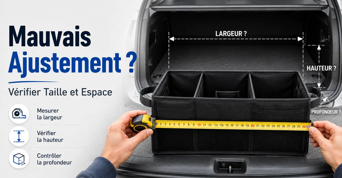 Organiseur de voiture mesuré par rapport à une zone de rangement du véhicule pour repérer un mauvais ajustement