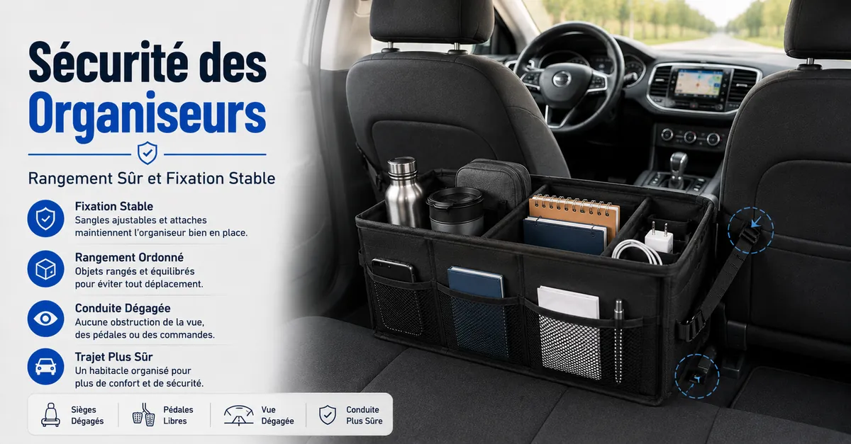 Organiseur de voiture bien positionné montrant un rangement sûr et une fixation stable dans un véhicule