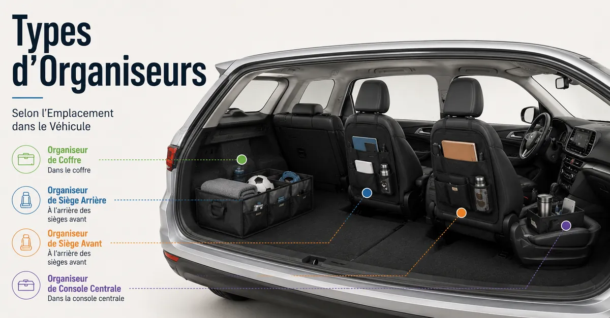 Types d’organiseurs de voiture présentés selon leur emplacement dans le véhicule, dont le coffre, la banquette arrière, le siège avant et la console