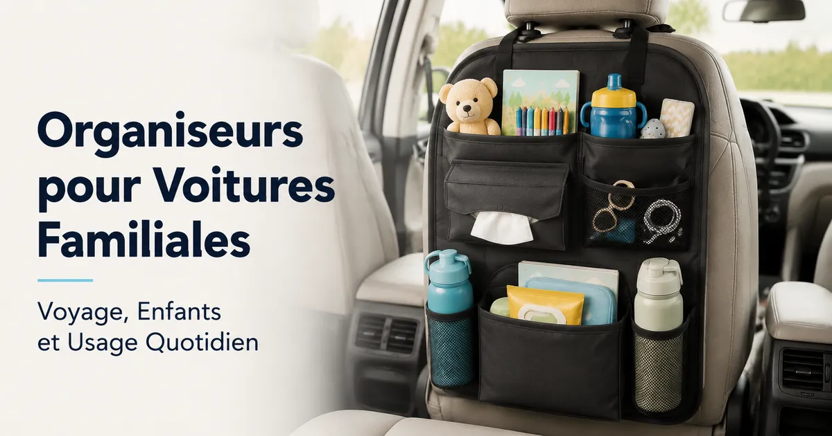Organiseur de voiture familiale contenant des affaires de voyage, des accessoires pour enfants, des bouteilles et des essentiels du quotidien