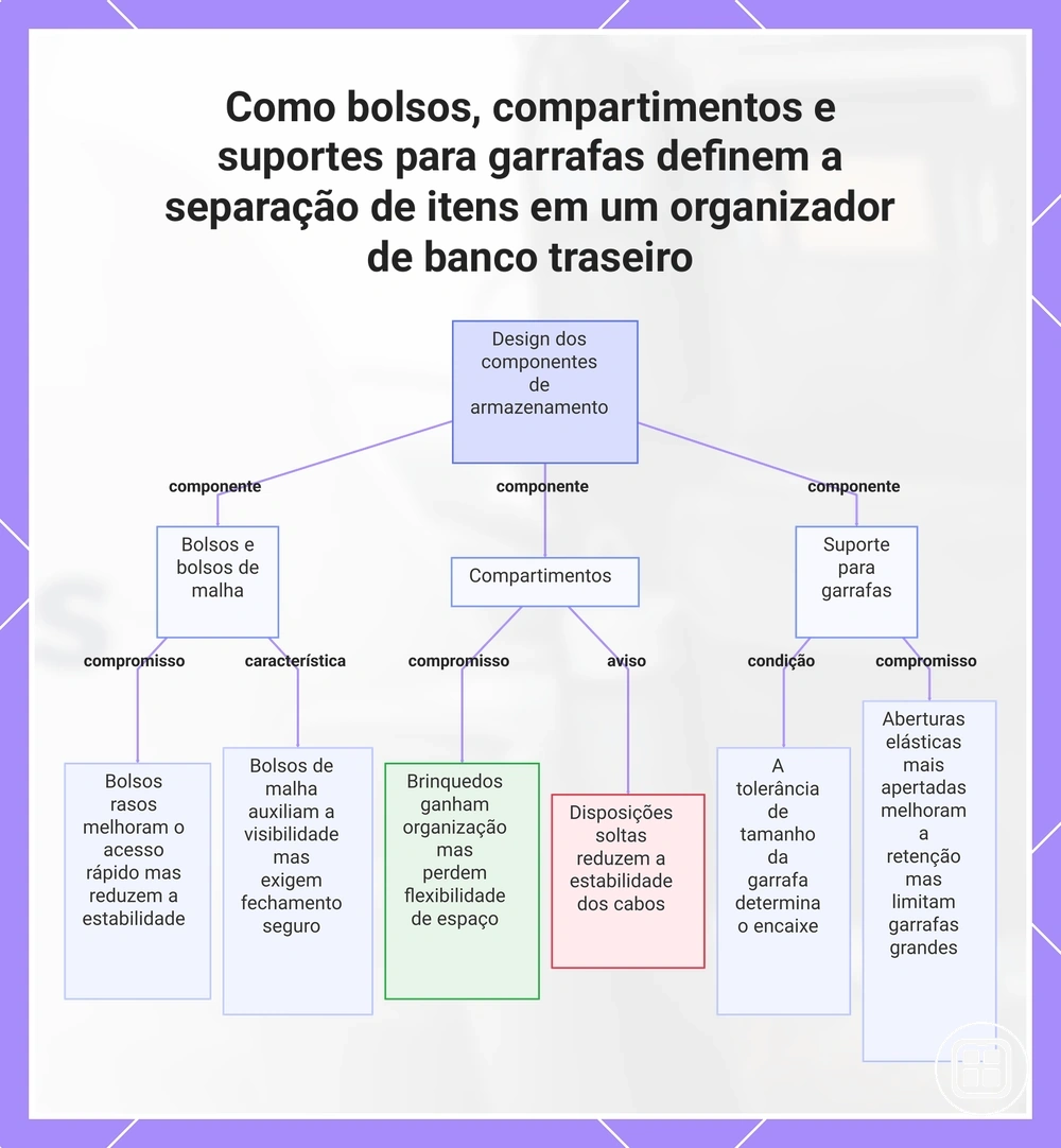 Como bolsos, compartimentos e suportes para garrafas definem a separação de itens em um organizador de banco traseiro