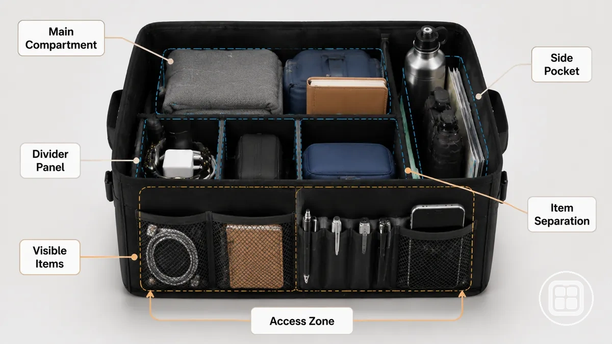 Layout de armazenamento do organizador para carro mostrando compartimentos, bolsos, divisórias e zonas de acesso