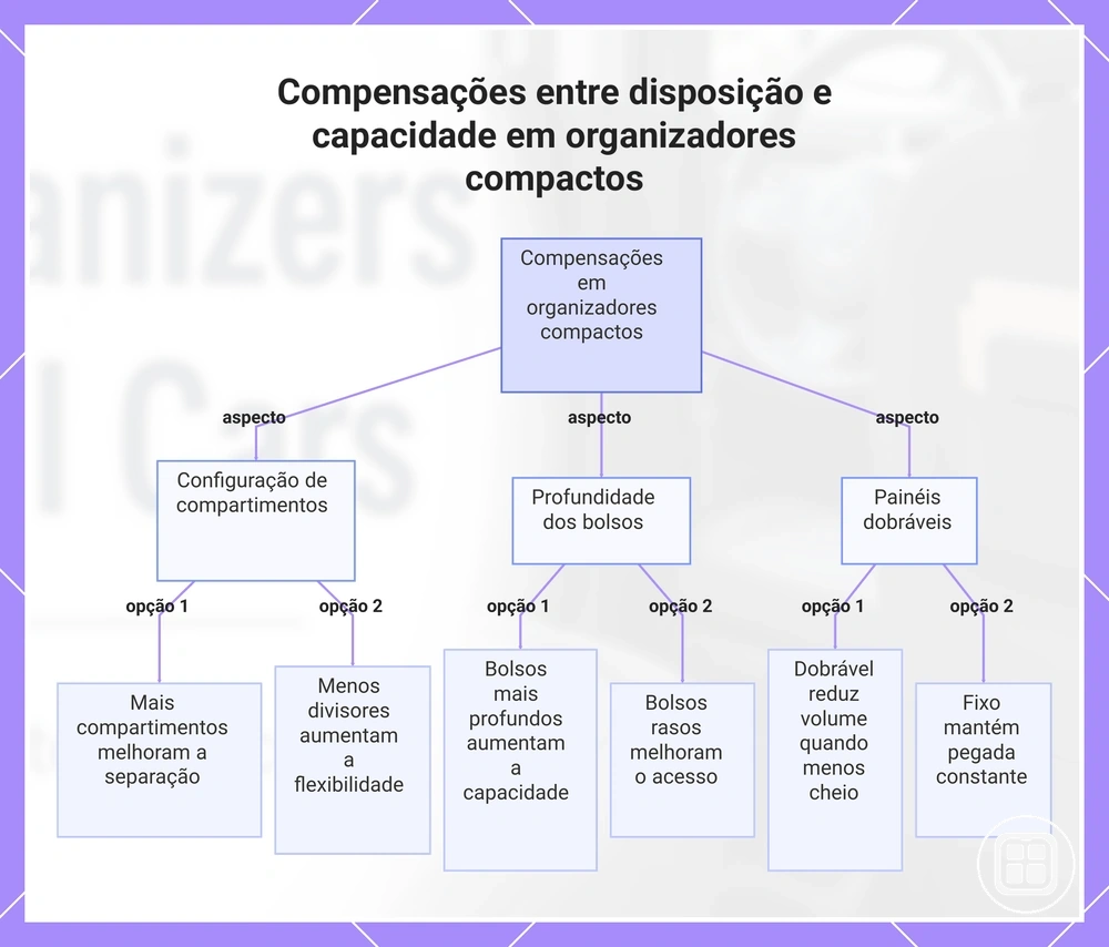 Compensações entre disposição e capacidade em organizadores compactos