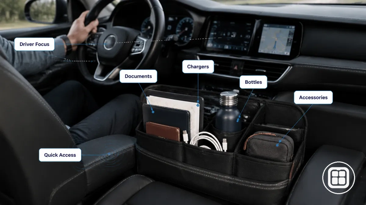 Itens essenciais para viagem e deslocamento organizados para acesso rápido dentro de um veículo