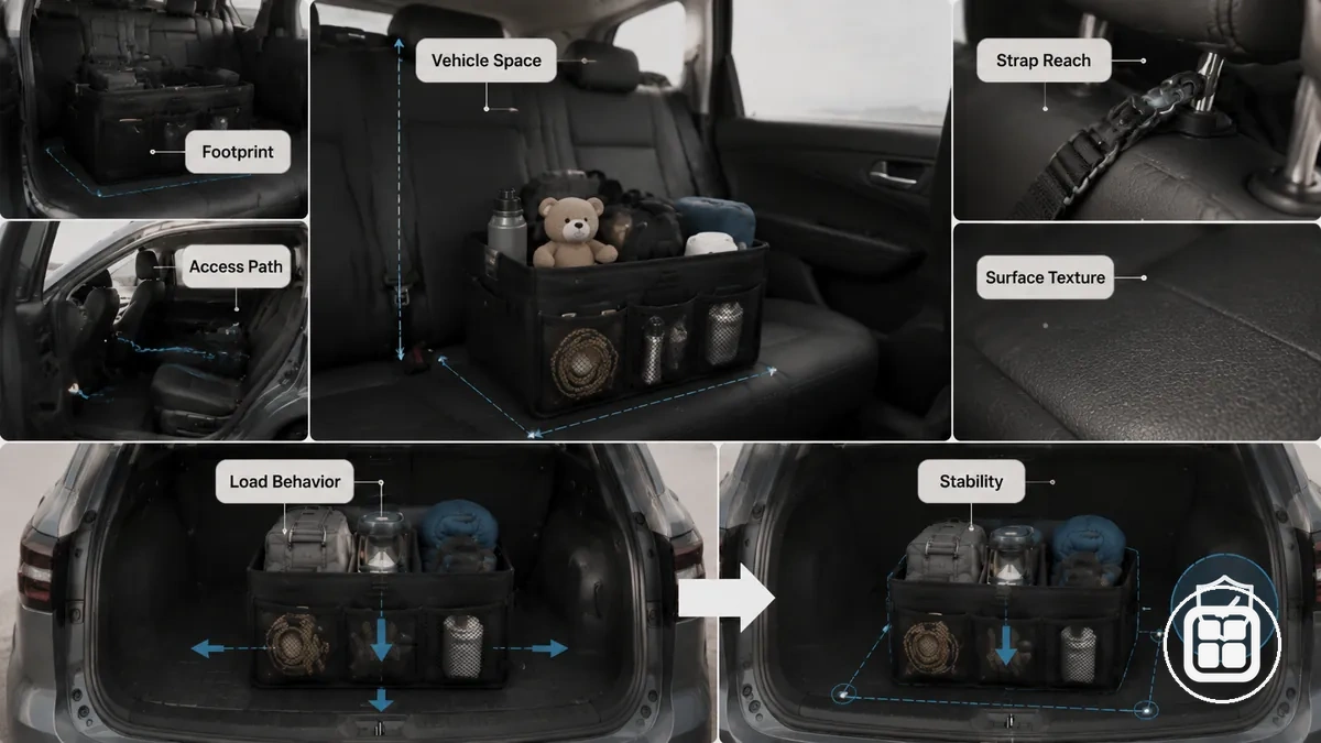 posicionamento de organizador de carro mostrando espaço do veículo, área ocupada e condições de estabilidade no interior do carro