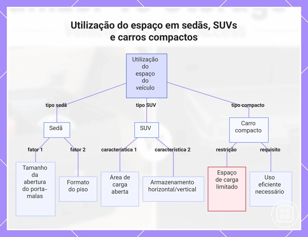 Utilização do espaço em sedãs, SUVs e carros compactos