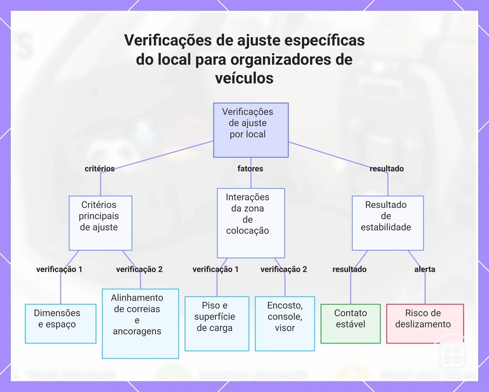 Verificações de ajuste específicas do local para organizadores de veículos