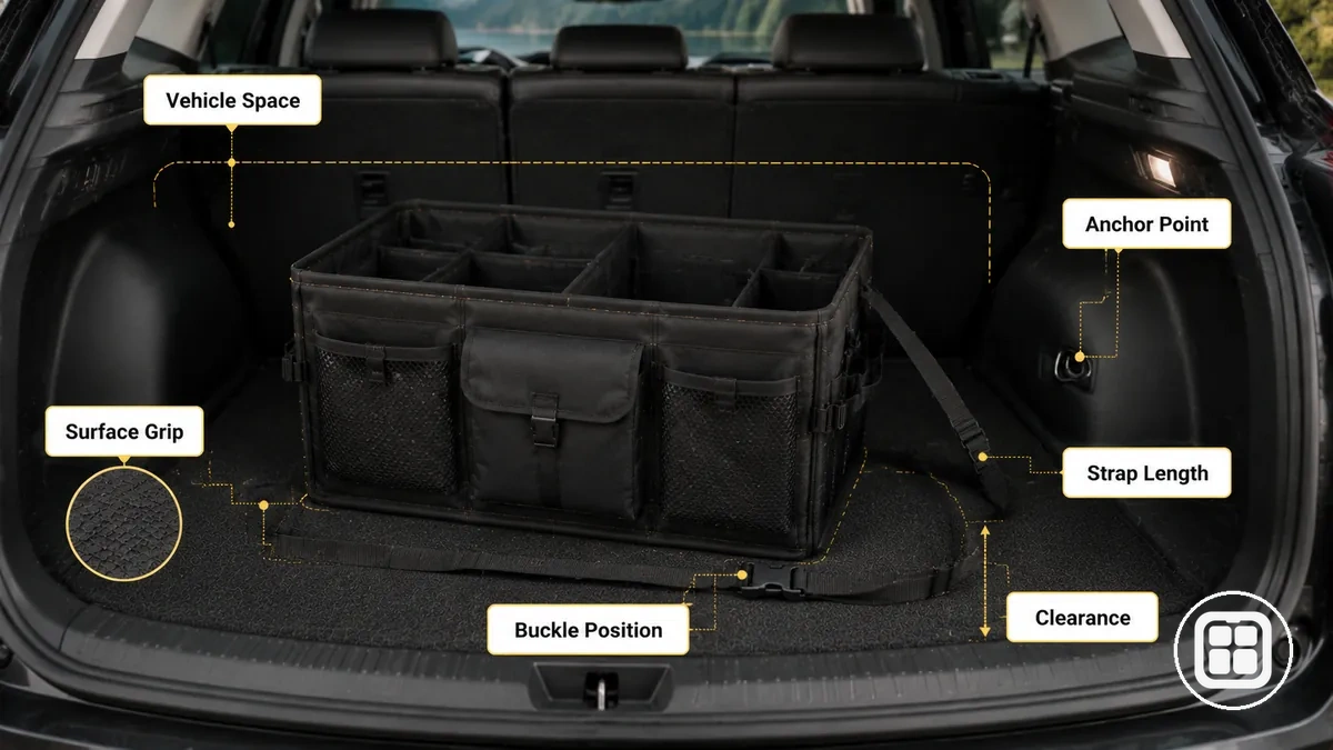 Verificações de encaixe, superfície e ancoragem do organizador para carro antes da instalação