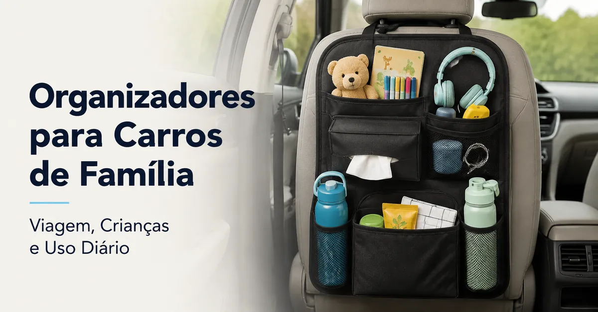 Organizador para carro de família com itens de viagem, acessórios infantis, garrafas e objetos essenciais do dia a dia