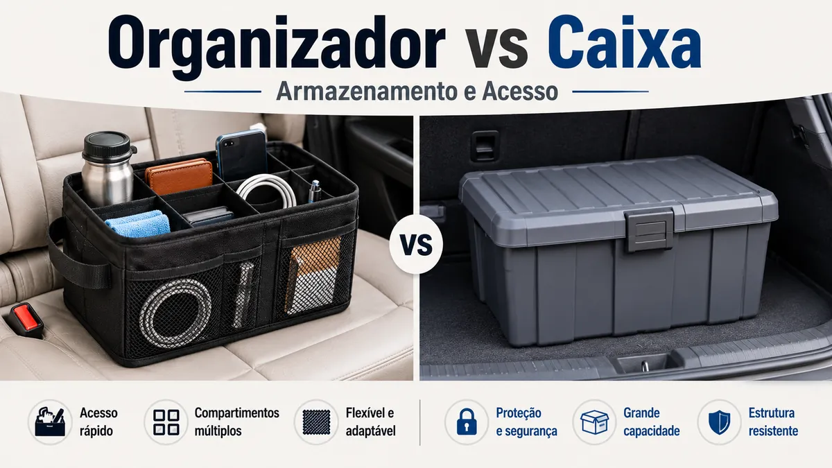 Organizador para carro e caixa organizadora comparados lado a lado para armazenamento e acesso dentro do veículo