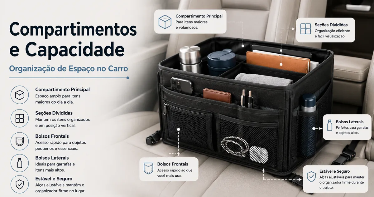 Organizador para carro com vários compartimentos mostrando bolsos, áreas de armazenamento e distribuição de capacidade