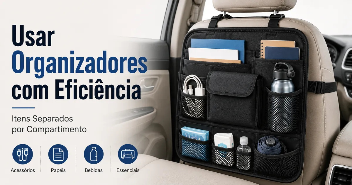 Organizador para carro em uso com itens do dia a dia separados em compartimentos diferentes