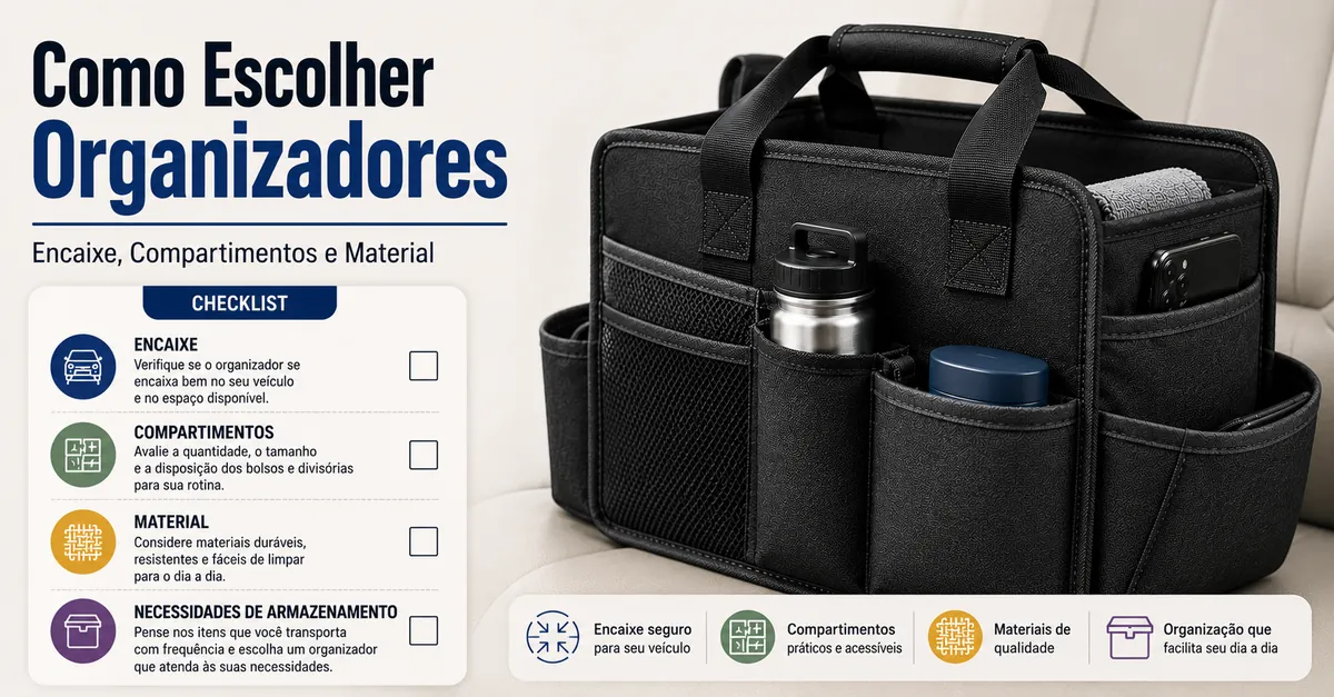 Lista de verificação para escolher organizador para carro com encaixe, compartimentos, material e necessidades de armazenamento