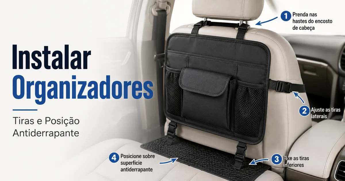 Organizador para carro sendo preso com tiras e posicionamento antiderrapante dentro de um veículo