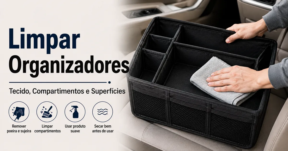 Organizador para carro sendo limpo para conservar o tecido, os compartimentos e as superfícies de armazenamento