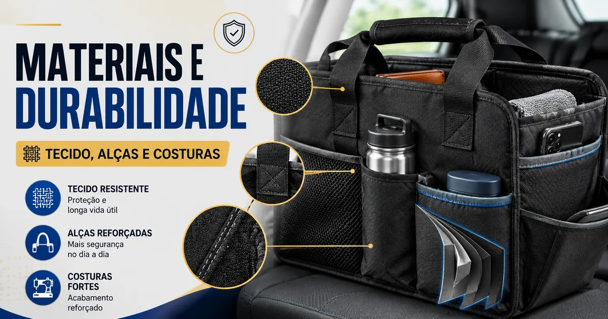 Materiais duráveis de um organizador para carro com textura de tecido, painéis reforçados, alças e compartimentos costurados