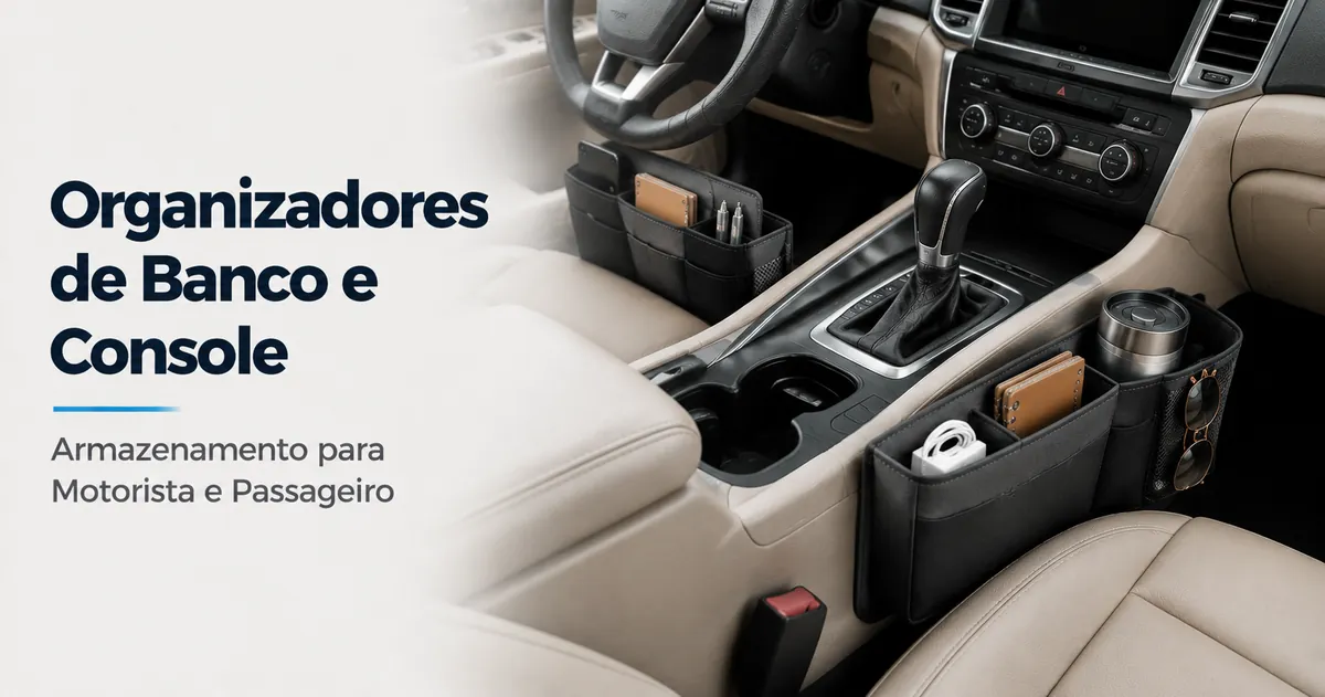 Organizadores para banco dianteiro e console posicionados perto das áreas de armazenamento do motorista e do passageiro