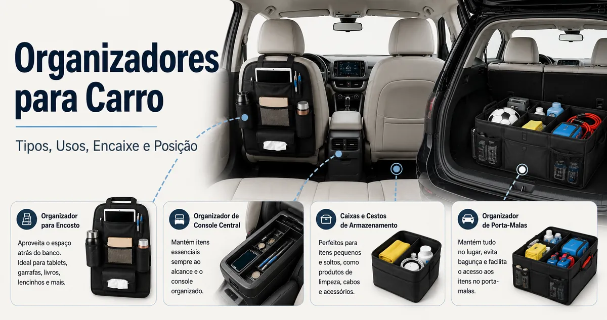 Diferentes tipos de organizadores para carro dispostos para mostrar usos de armazenamento, encaixe e opções de posicionamento no veículo