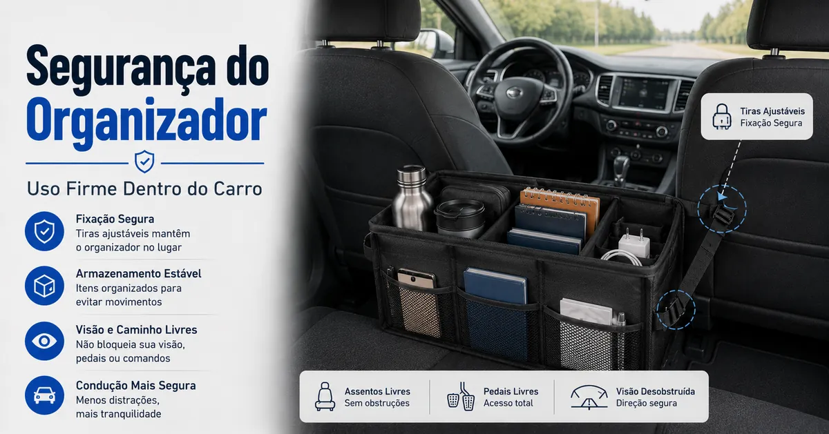 Organizador para carro posicionado com segurança, mostrando armazenamento seguro e estabilidade dentro do veículo