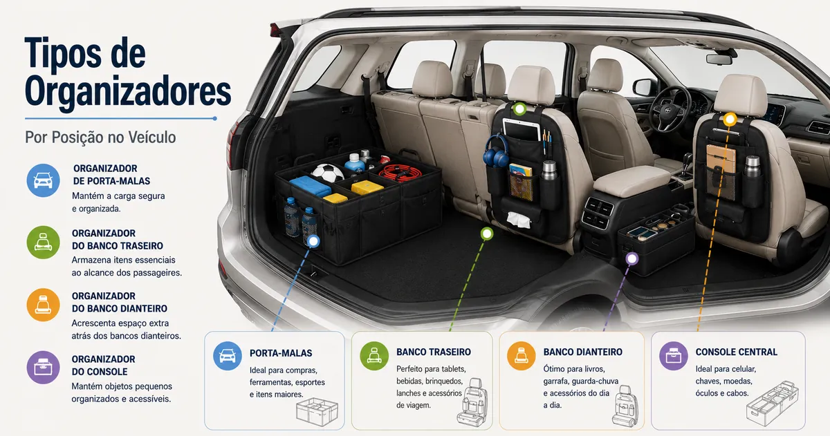 Tipos de organizadores para carro mostrados por posição no veículo, incluindo porta-malas, banco traseiro, banco dianteiro e console