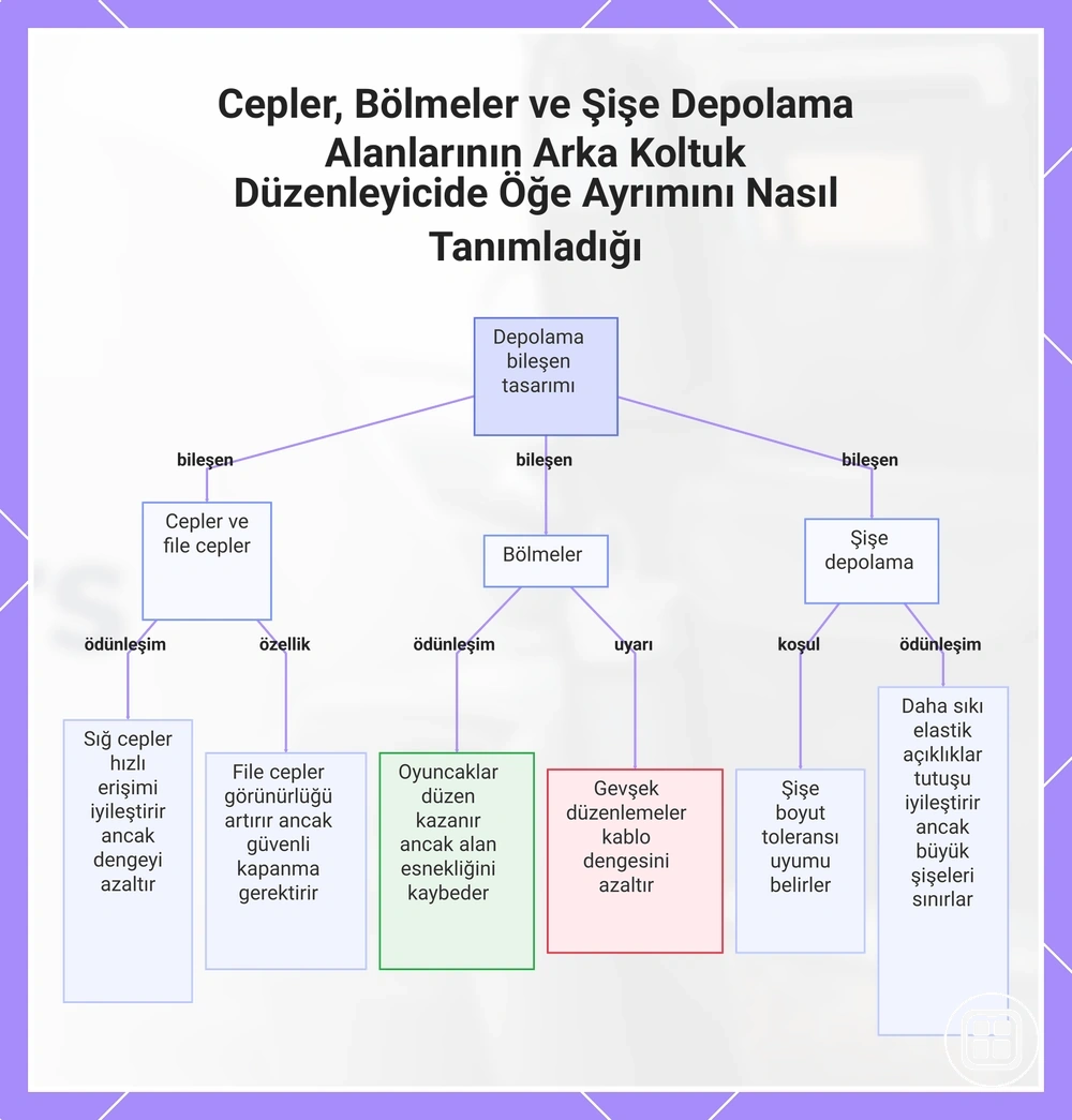 Cepler, Bölmeler ve Şişe Depolama Alanlarının Arka Koltuk Düzenleyicide Öğe Ayrımını Nasıl Tanımladığı