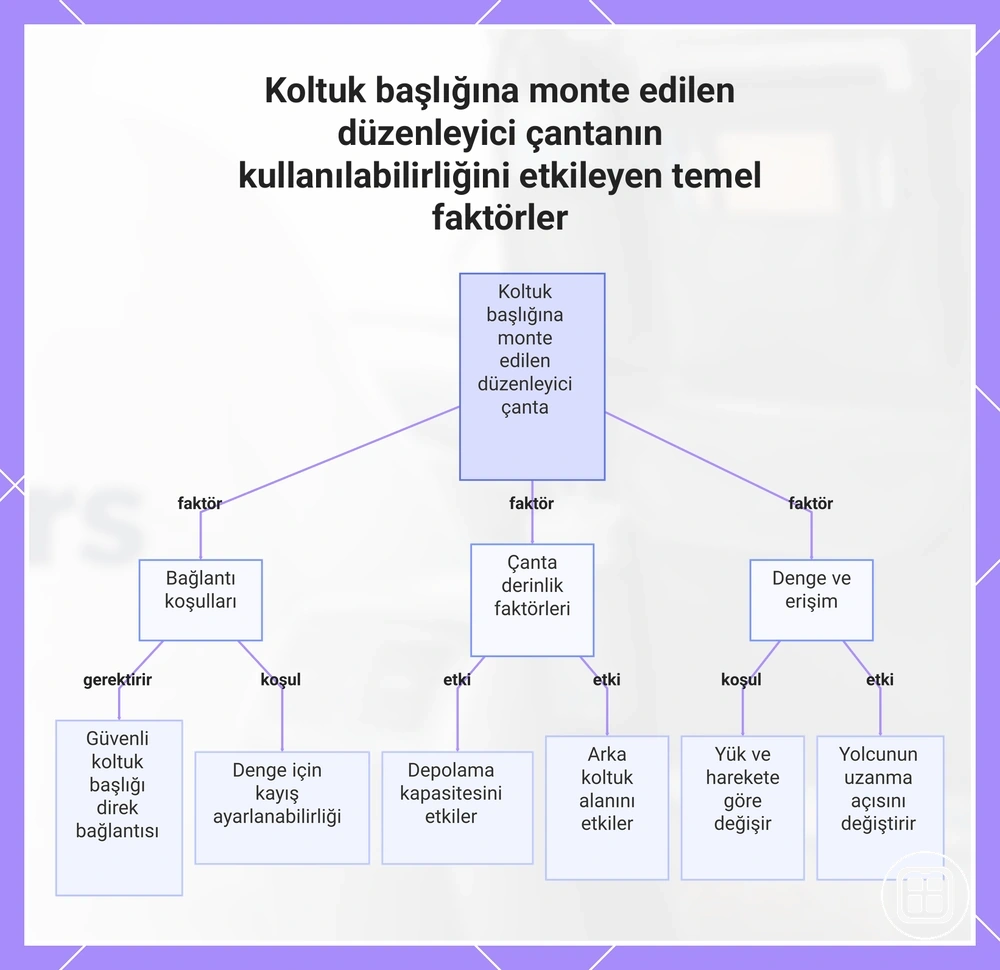 Koltuk başlığına monte edilen düzenleyici çantanın kullanılabilirliğini etkileyen temel faktörler