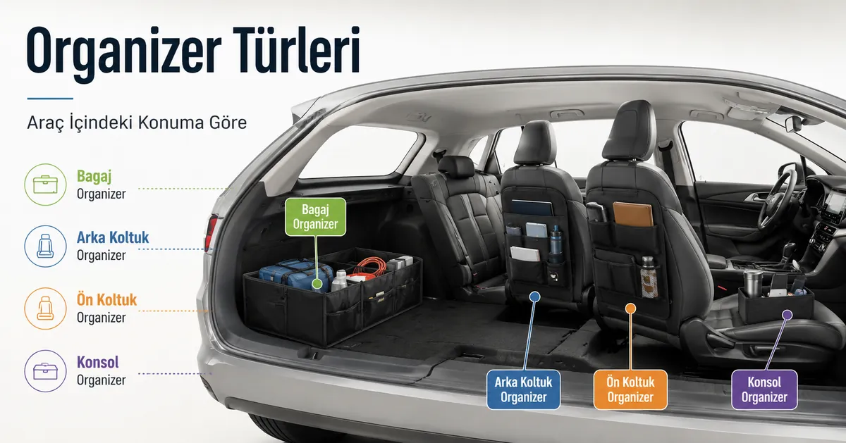 Bagaj, arka koltuk, ön koltuk ve konsol alanları dahil, araç içindeki konuma göre gösterilen organizer türleri