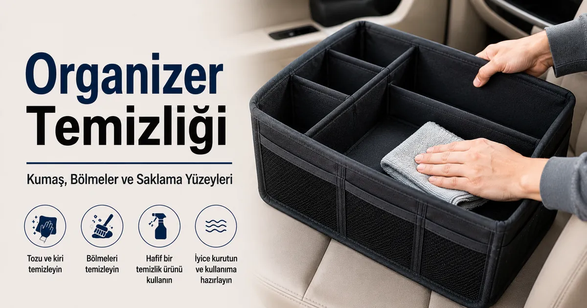 Kumaşını, bölmelerini ve saklama yüzeylerini korumak için temizlenen araç içi organizer